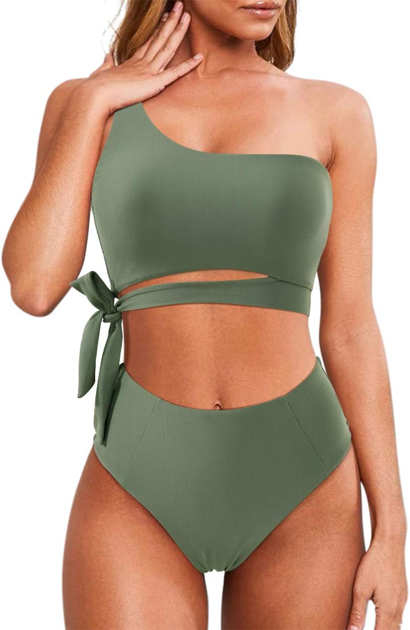 Women One Shoulder High Waisted Bikini Tie High Cut Two Piece Swimsuit