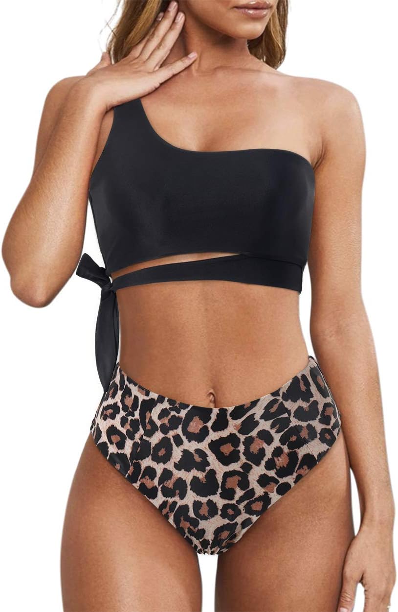 Women One Shoulder High Waisted Bikini Tie High Cut Two Piece Swimsuit