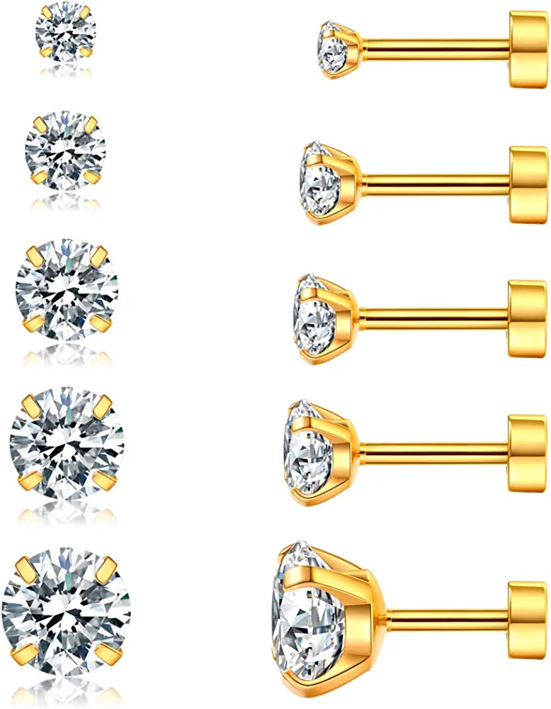 5 Pairs Cubic Zirconia Hypoallergenic Stud Earrings for Women 
