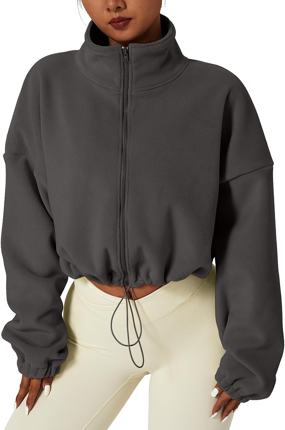 Women's Full Zip Fleece Short Jacket Warm Long Sleeve Stand Collar Sherpa Crop Coat