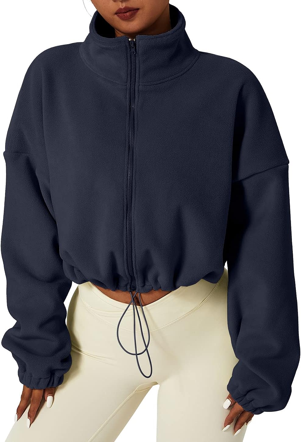 Women's Full Zip Fleece Short Jacket Warm Long Sleeve Stand Collar Sherpa Crop Coat