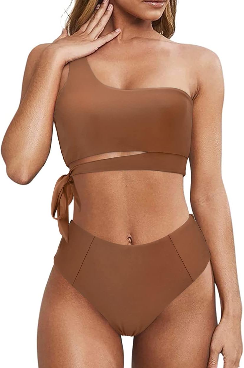 Women One Shoulder High Waisted Bikini Tie High Cut Two Piece Swimsuit
