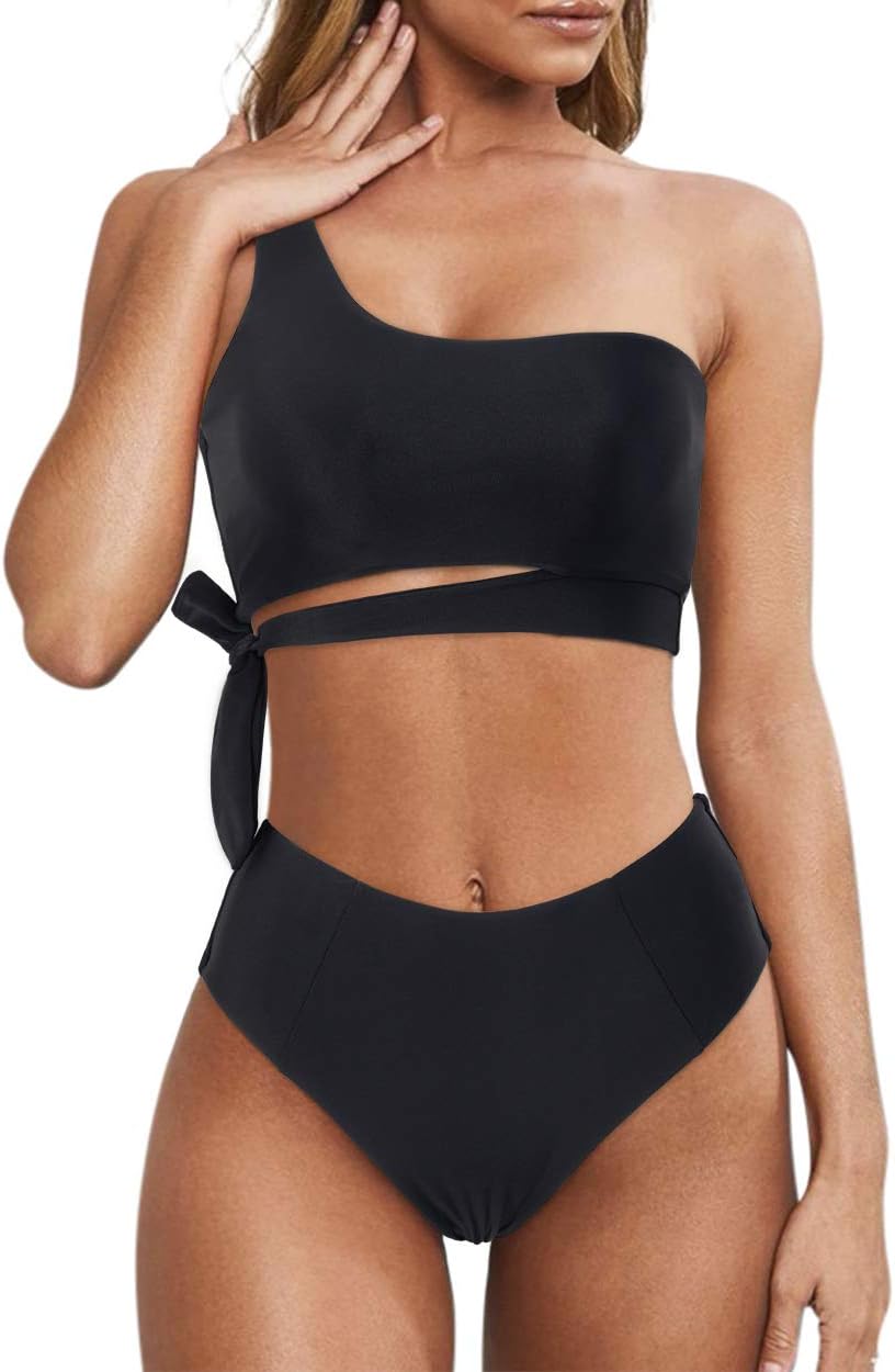 Women One Shoulder High Waisted Bikini Tie High Cut Two Piece Swimsuit