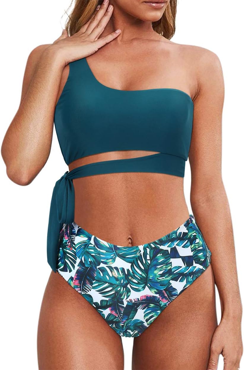 Women One Shoulder High Waisted Bikini Tie High Cut Two Piece Swimsuit
