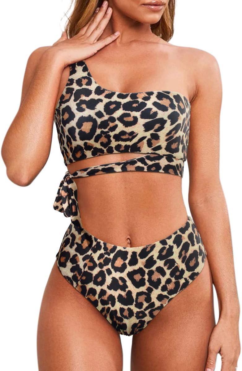 Women One Shoulder High Waisted Bikini Tie High Cut Two Piece Swimsuit