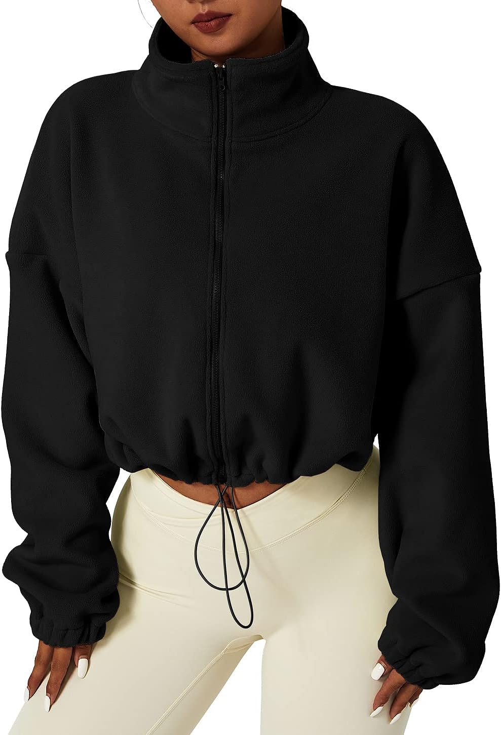 Women's Full Zip Fleece Short Jacket Warm Long Sleeve Stand Collar Sherpa Crop Coat