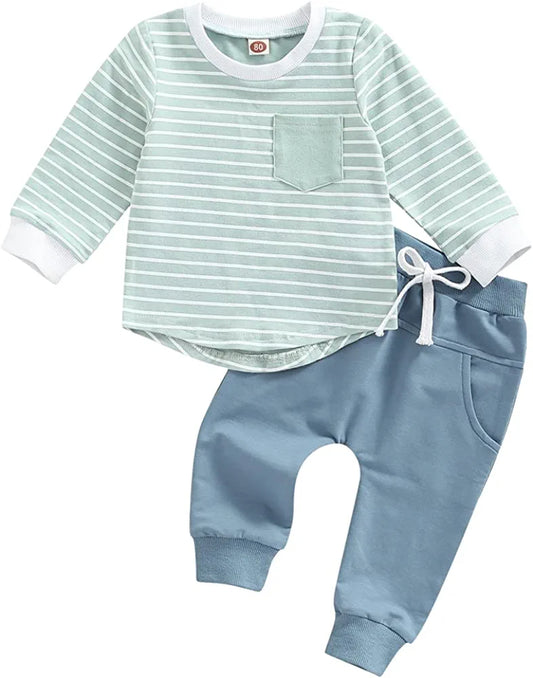 Toddler Baby Boys Fall Winter Clothes Set Long Sleeve Striped Block T-Shirt Top and Sweatsuit Pants 2Pcs Outfit 0-3T