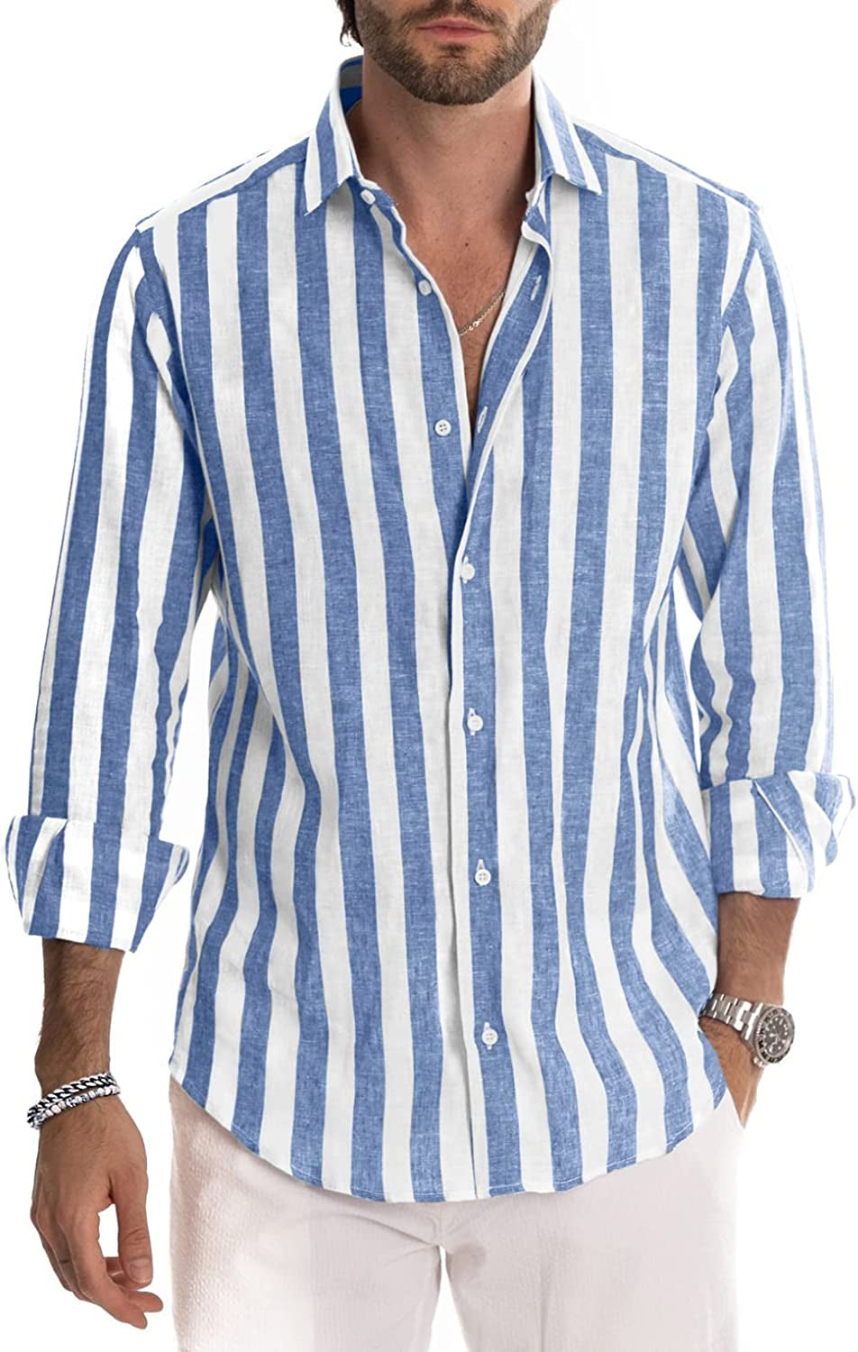 Men'S Casual Long Sleeve Button-Down Shirts Striped Dress Shirts Cotton Shirt