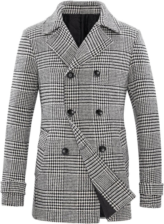 Black- White Men's Wool Blend Double Breasted Pea Coat 