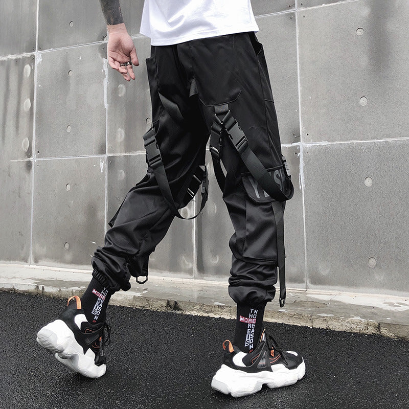 Men Black Cargo Pants Joggers Sweatpants Ribbons Harem Pants 