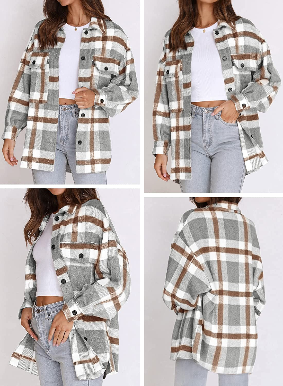 Women'S Flannel Plaid Jacket Long Sleeve Button down Chest Pocketed Shirts Coats Shacket