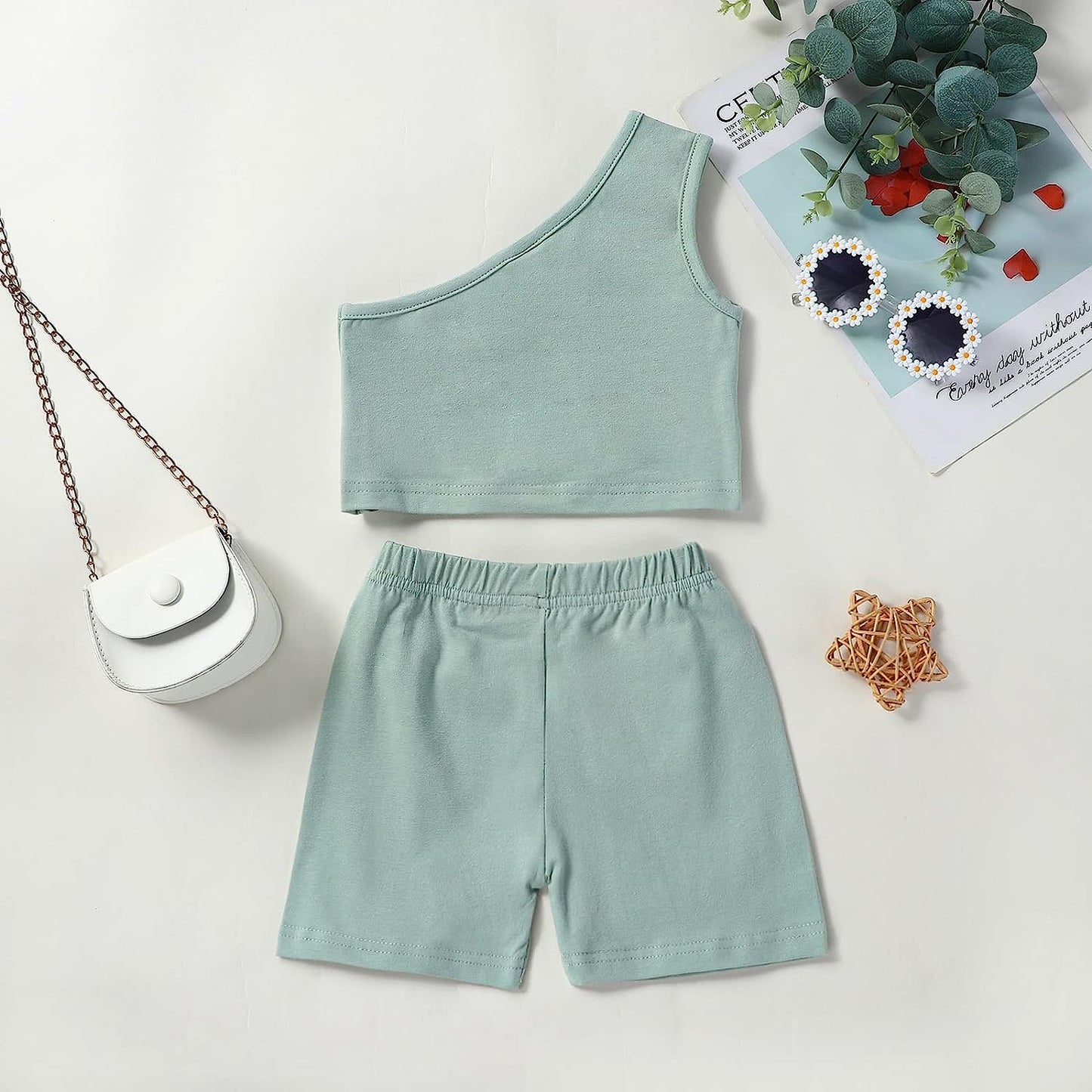 Baby Girls Summer Clothes Cotton One Shoulder Solid Color Tank Tops Shorts Set 2Pcs 