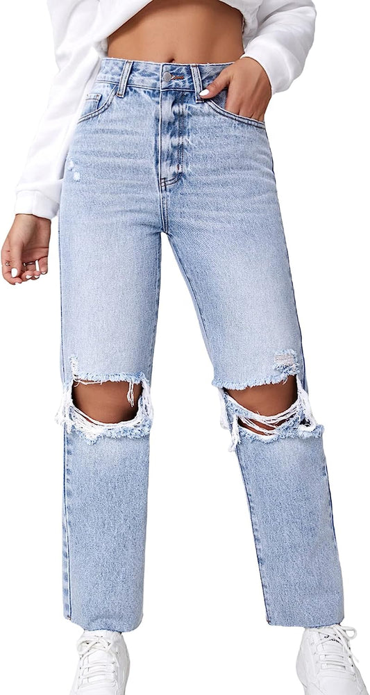 Women'S High Waist Straight Leg Ripped Jeans Distressed Denim Pants