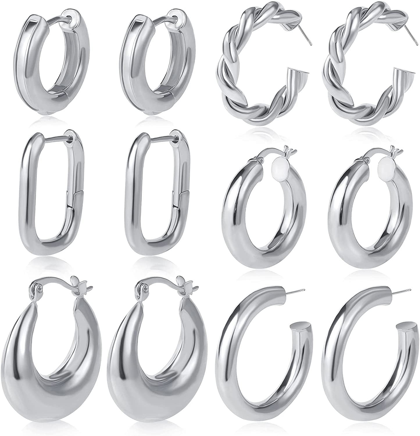 6 Pairs Gold/Silver Chunky Hoop Earrings Set for Women 