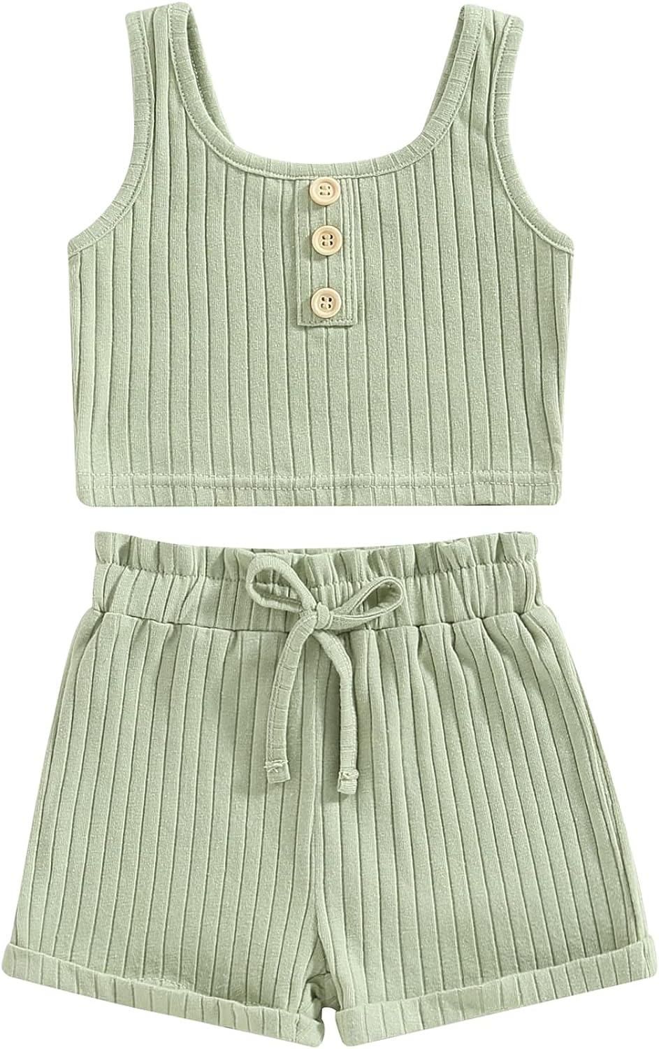 Toddler Girls Summer Clothes Solid Color Button Ribbed Vest Crop Tops Drawstring Shorts 