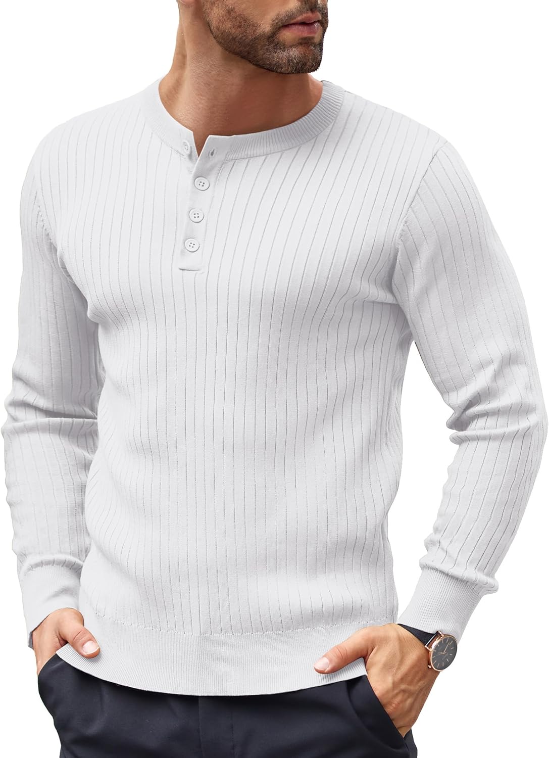Mens Knitted Henley Shirts Casual Long Sleeve Slim Fit Lightweight Ribbed Pullover Sweater