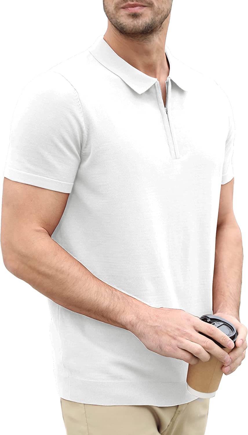 Mens Zipper Polo Shirt Knit Casual Quarter Zip Tee Shirt 