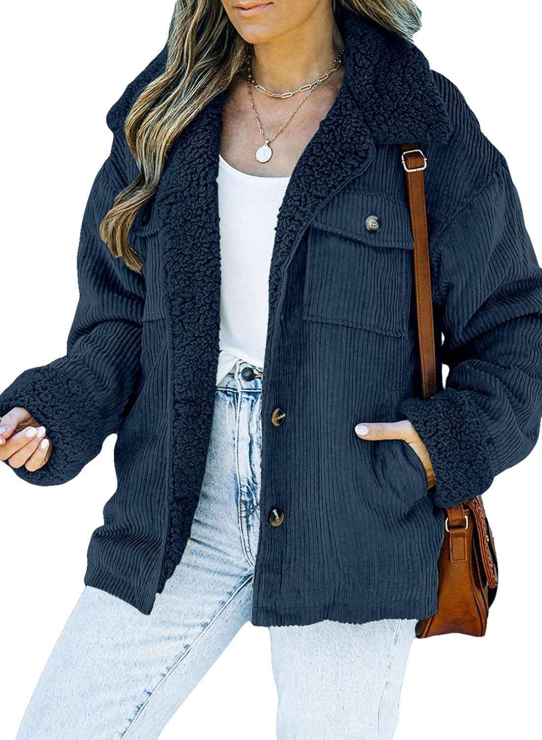  Sherpa Jacket for Women Button down Fleece Fur Collar 