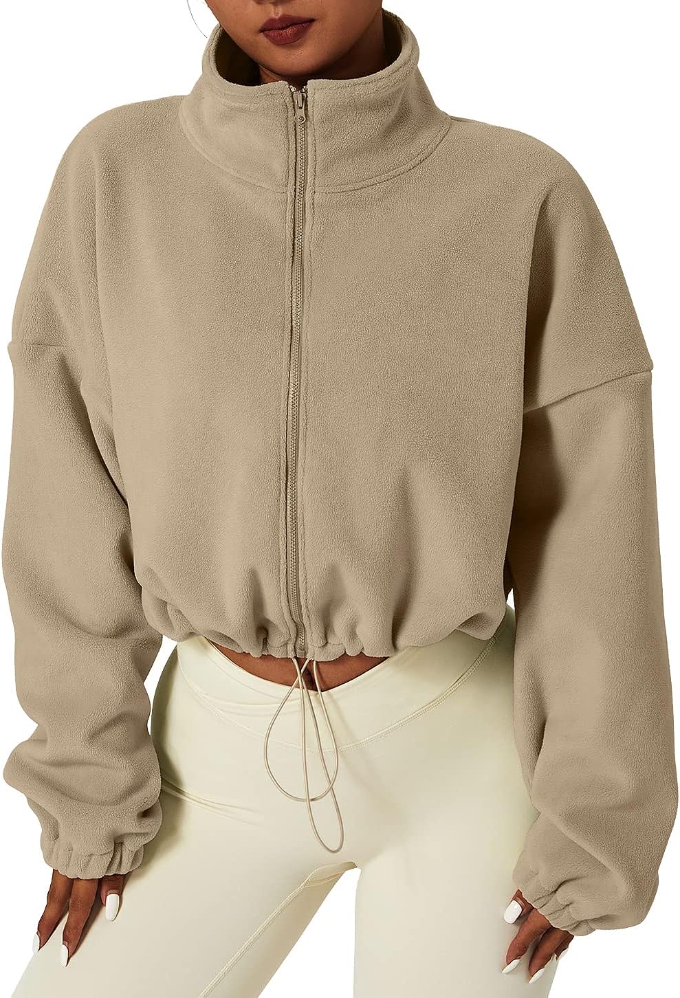 Women's Full Zip Fleece Short Jacket Warm Long Sleeve Stand Collar Sherpa Crop Coat