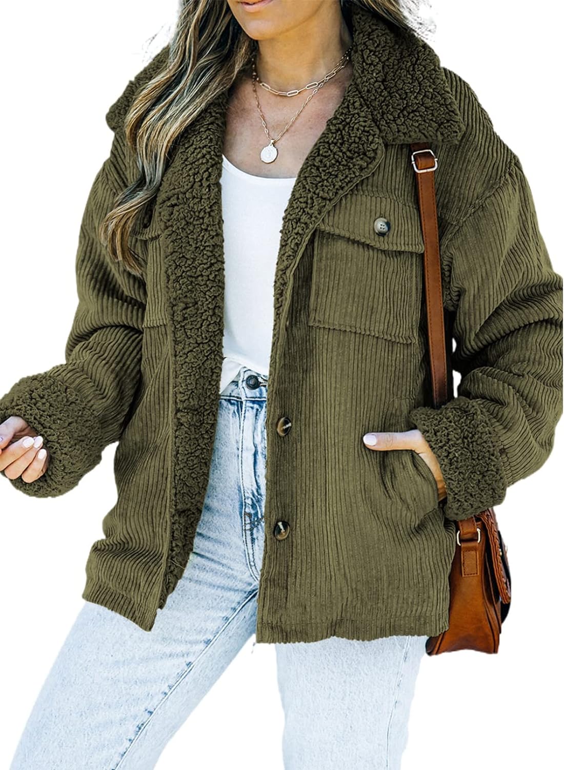  Sherpa Jacket for Women Button down Fleece Fur Collar 