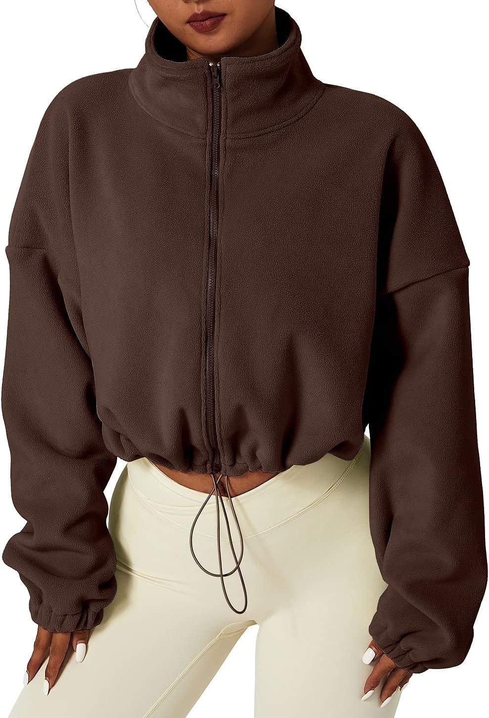 Women's Full Zip Fleece Short Jacket Warm Long Sleeve Stand Collar Sherpa Crop Coat