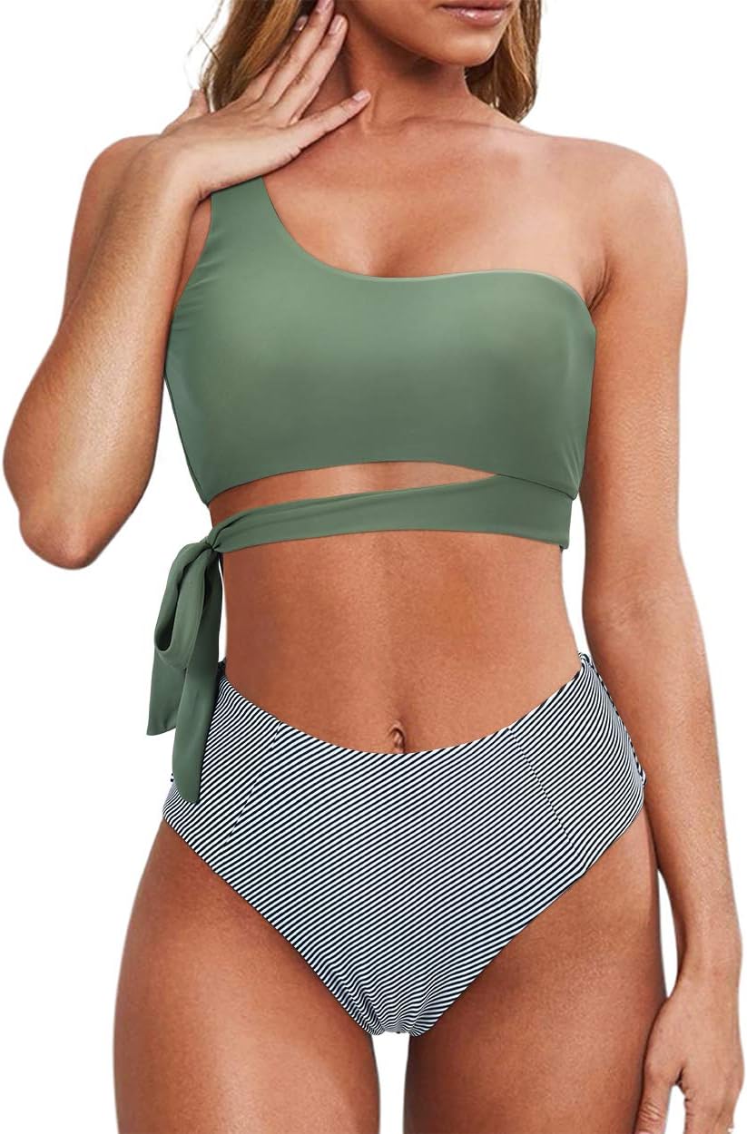 Women One Shoulder High Waisted Bikini Tie High Cut Two Piece Swimsuit