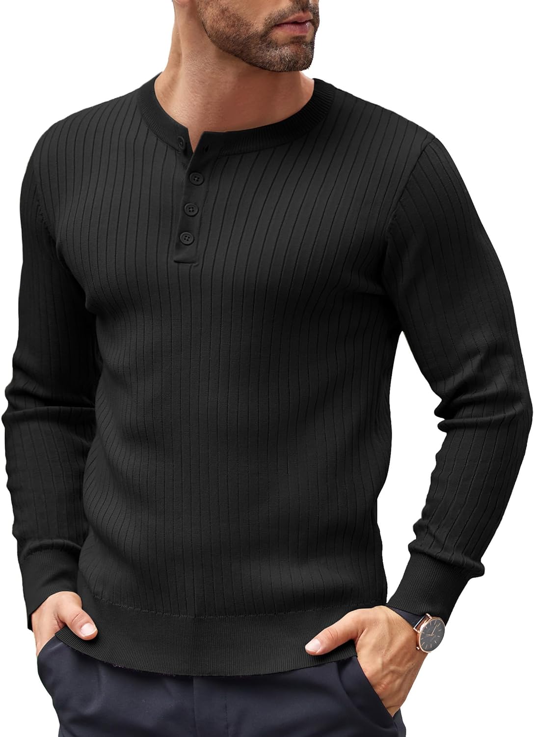 Mens Knitted Henley Shirts Casual Long Sleeve Slim Fit Lightweight Ribbed Pullover Sweater