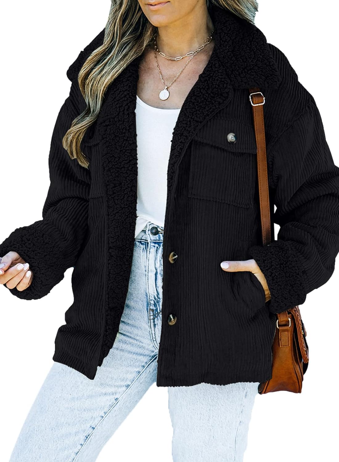  Sherpa Jacket for Women Button down Fleece Fur Collar 
