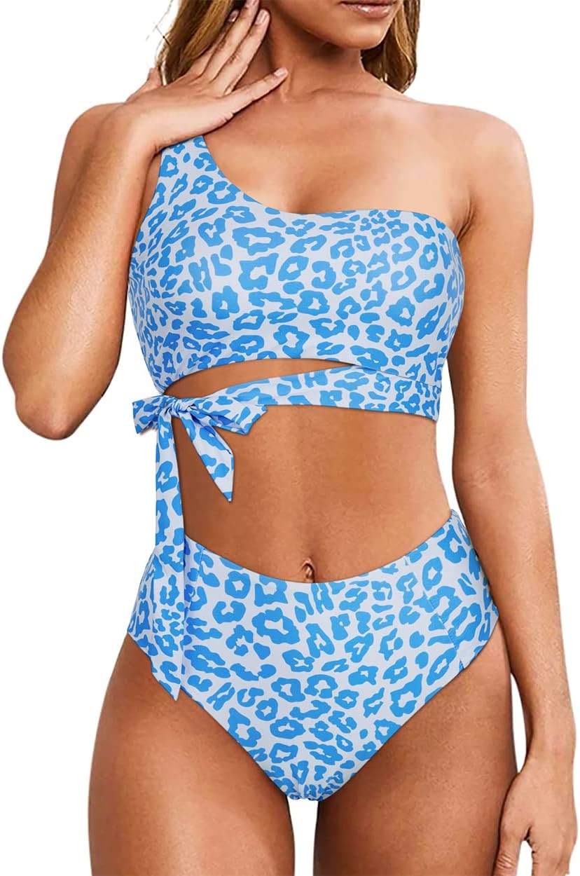 Women One Shoulder High Waisted Bikini Tie High Cut Two Piece Swimsuit