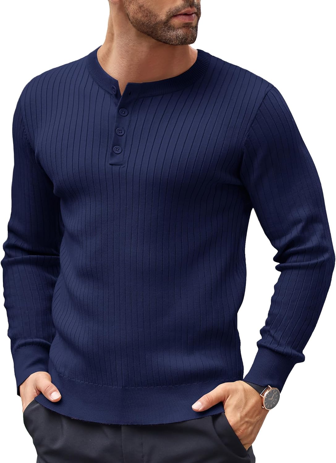 Mens Knitted Henley Shirts Casual Long Sleeve Slim Fit Lightweight Ribbed Pullover Sweater