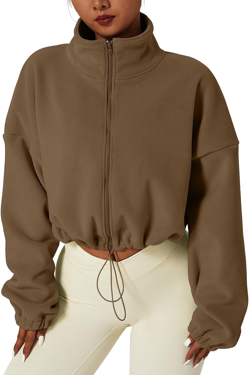 Women's Full Zip Fleece Short Jacket Warm Long Sleeve Stand Collar Sherpa Crop Coat