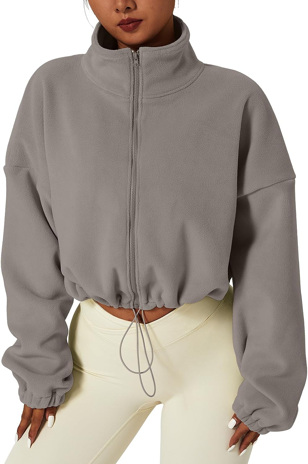 Women's Full Zip Fleece Short Jacket Warm Long Sleeve Stand Collar Sherpa Crop Coat