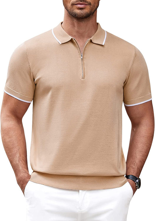 Men'S Zipper Polo Shirt Casual Knit Short Sleeve Polo T Shirt Classic Fit Shirts