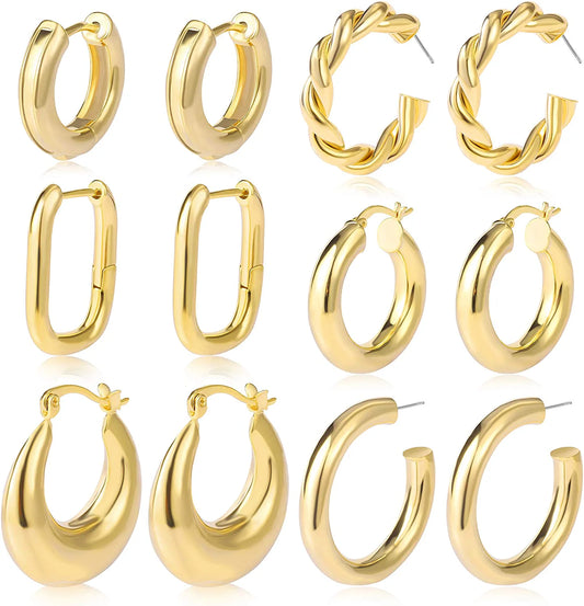 6 Pairs Gold/Silver Chunky Hoop Earrings Set for Women 
