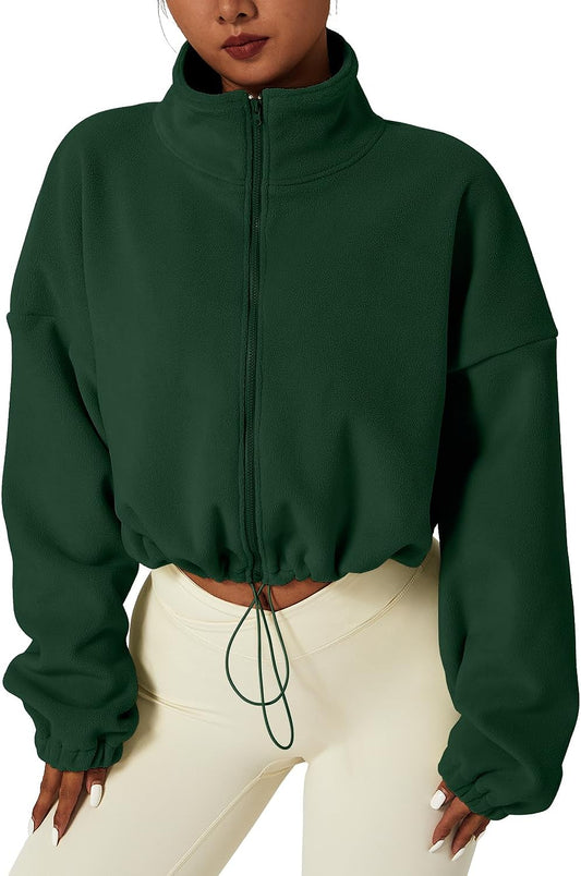 Women's Full Zip Fleece Short Jacket Warm Long Sleeve Stand Collar Sherpa Crop Coat