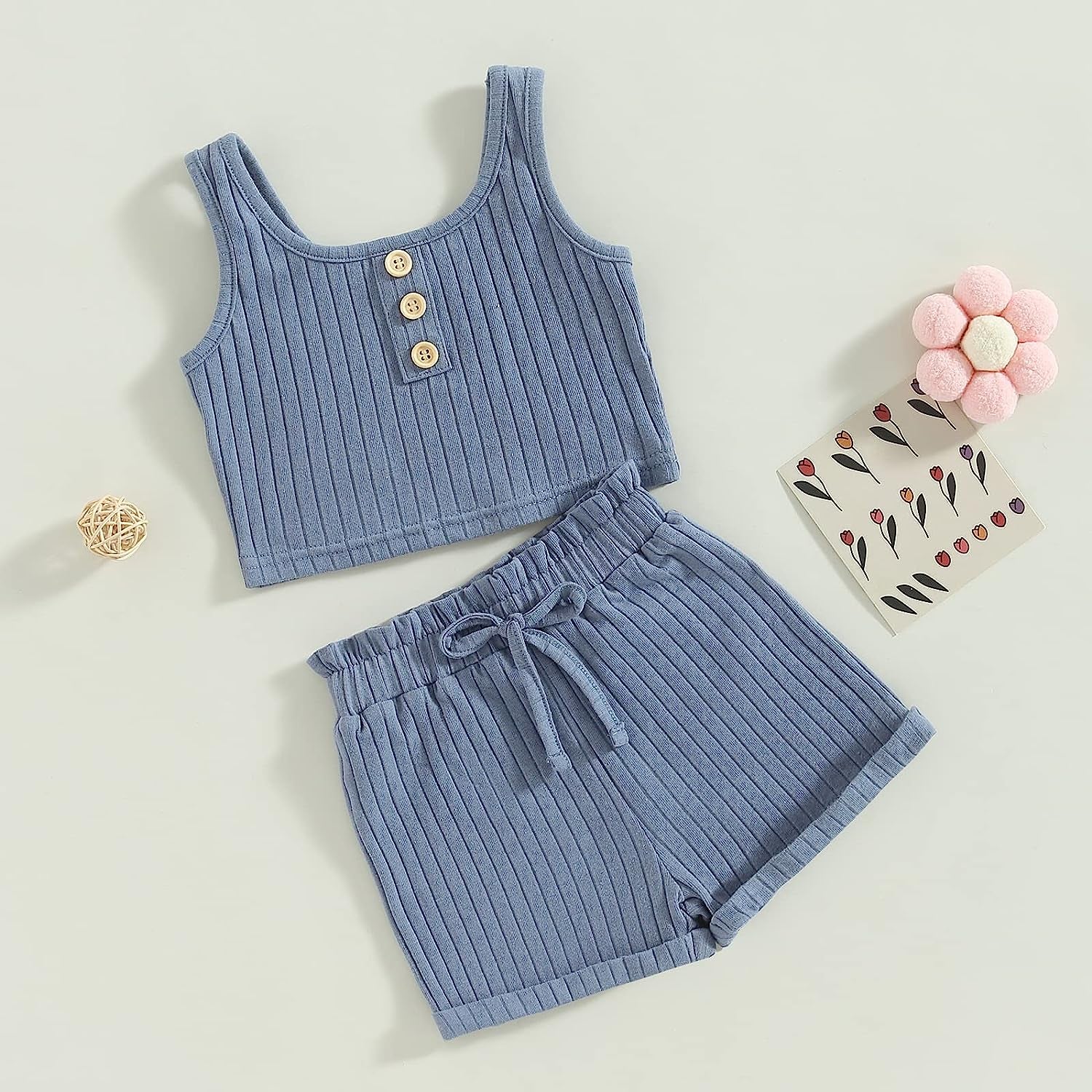 Toddler Girls Summer Clothes Solid Color Button Ribbed Vest Crop Tops Drawstring Shorts 