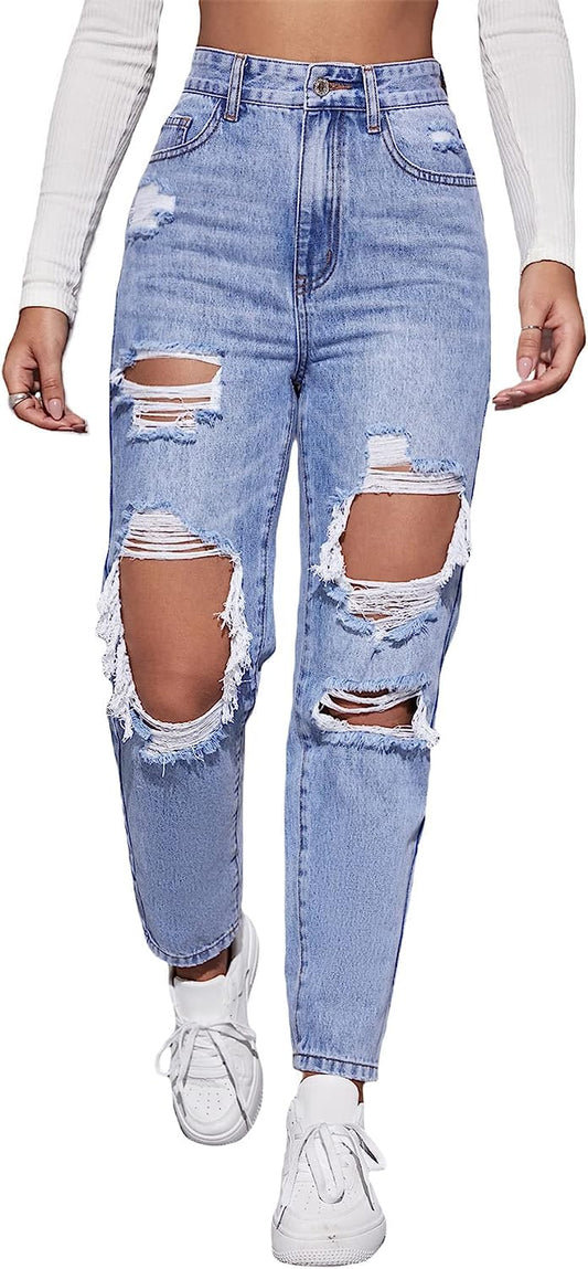 Women'S High Waist Straight Leg Ripped Jeans Distressed Denim Pants