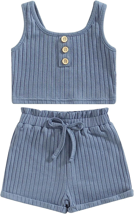 Toddler Girls Summer Clothes Solid Color Button Ribbed Vest Crop Tops Drawstring Shorts 