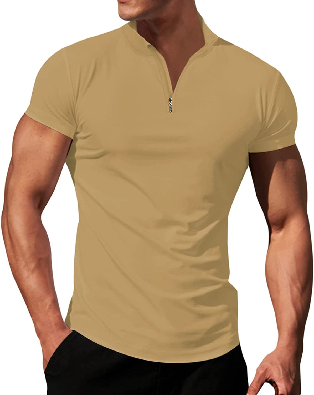 Mens Quarter-Zip V Neck Polo Shirts Slim Fit Short Sleeve Athletic T-Shirt Henley Shirt