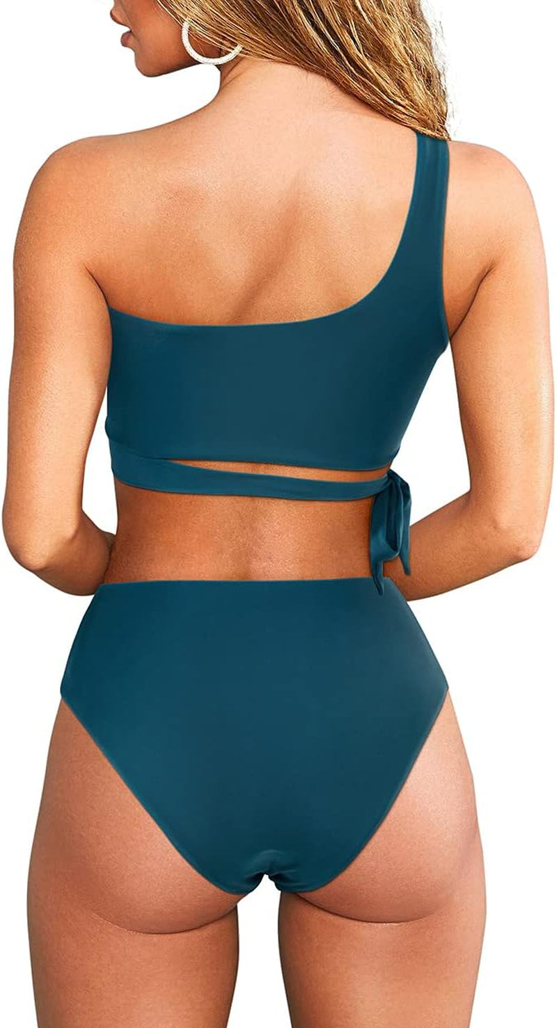 Women One Shoulder High Waisted Bikini Tie High Cut Two Piece Swimsuit