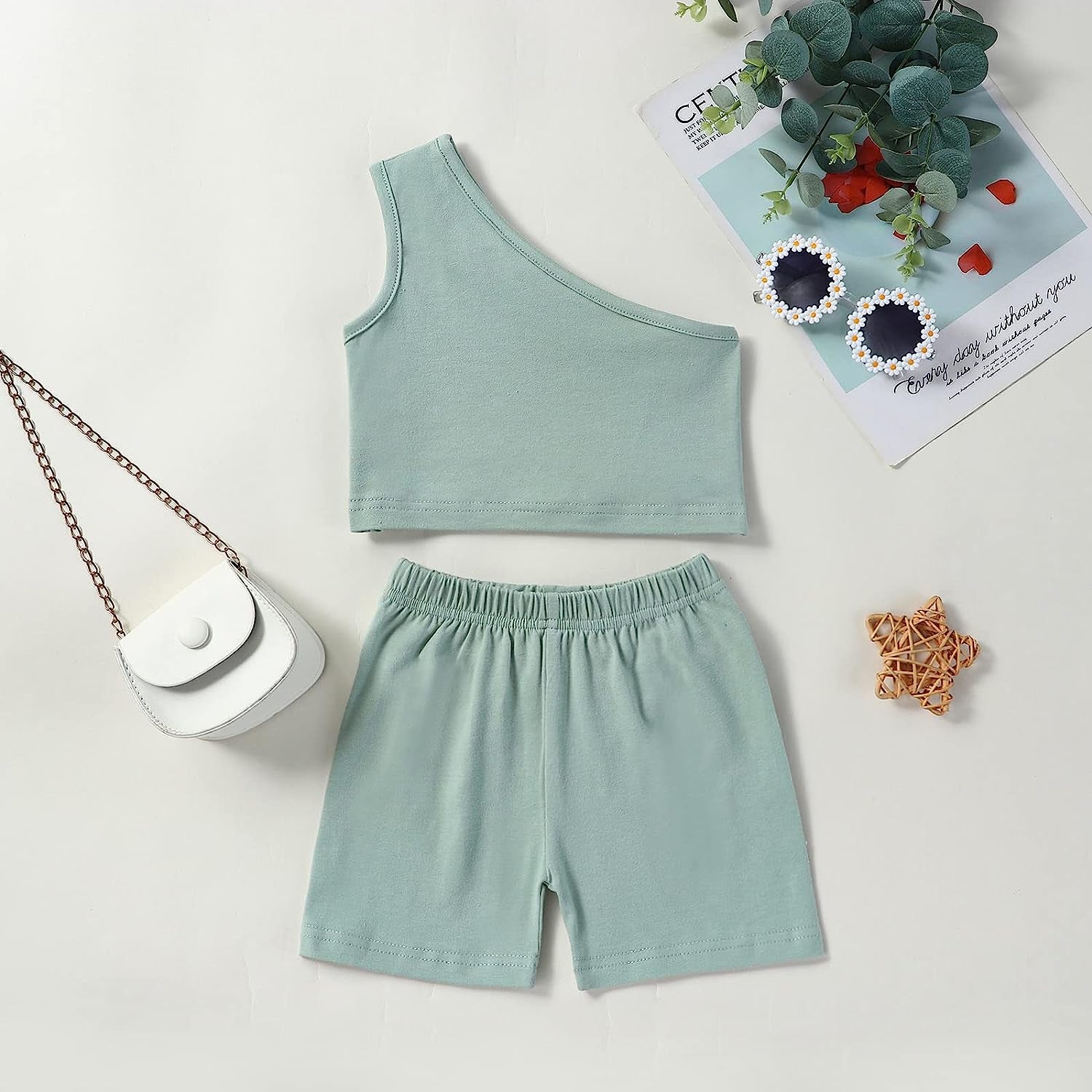 Baby Girls Summer Clothes Cotton One Shoulder Solid Color Tank Tops Shorts Set 2Pcs 