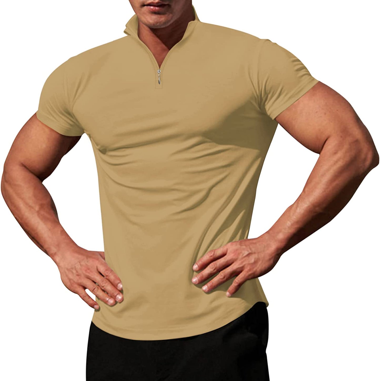 Mens Quarter-Zip V Neck Polo Shirts Slim Fit Short Sleeve Athletic T-Shirt Henley Shirt