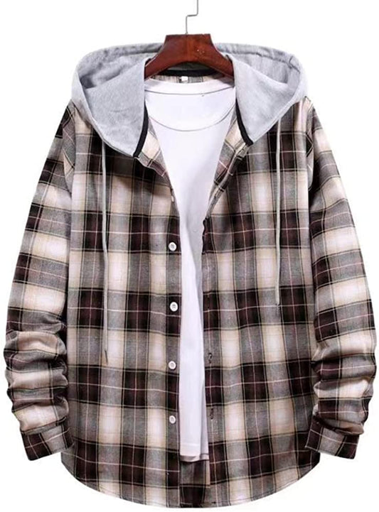 Men'S Long-Sleeve Plaid Hooded Flannel Shirts with hood