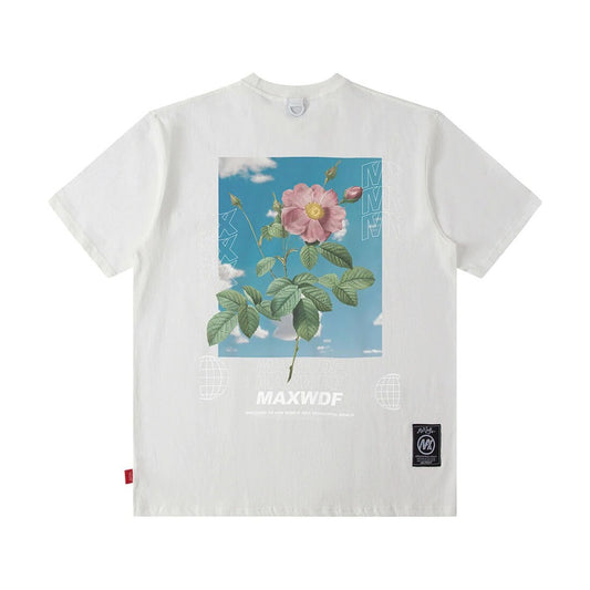 Streetwear Fashion Blossoming Flower Graphic Tee Shirt for Men Oversized Fit Short Sleeve 