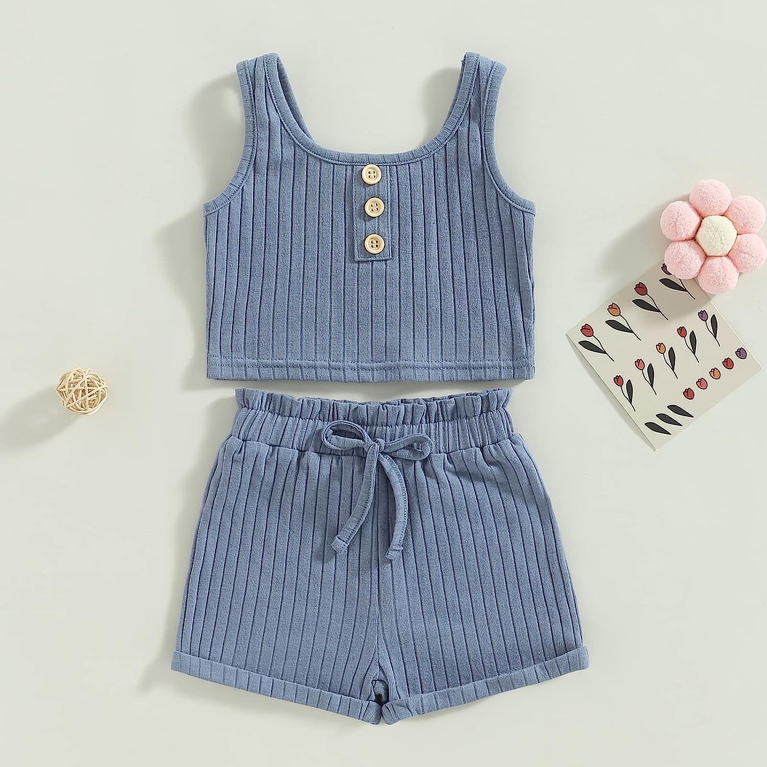 Toddler Girls Summer Clothes Solid Color Button Ribbed Vest Crop Tops Drawstring Shorts 