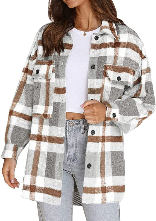 Women'S Flannel Plaid Jacket Long Sleeve Button down Chest Pocketed Shirts Coats Shacket