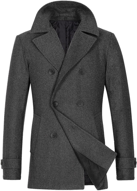Grey Men'S Wool Blend Double Breasted Pea Coat 