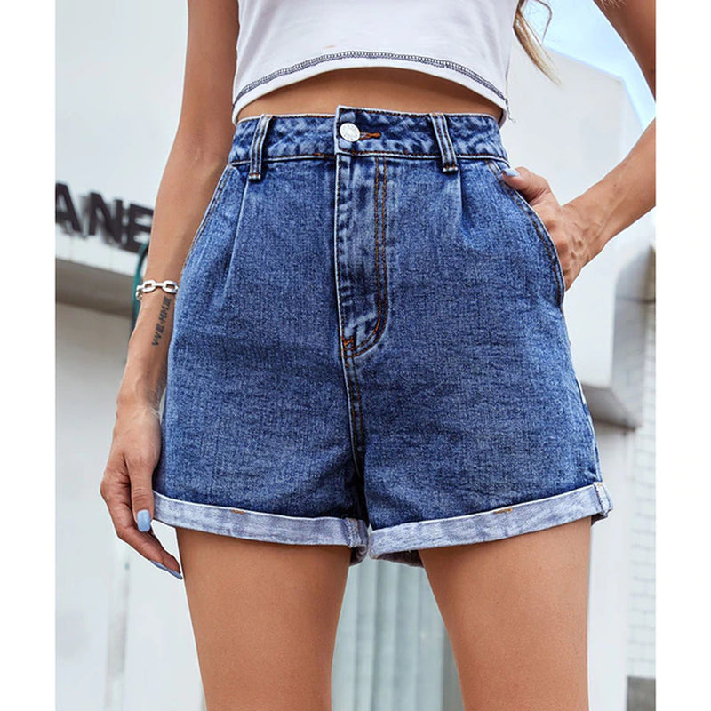 Solid High Waisted Straight Jean Shorts Women 