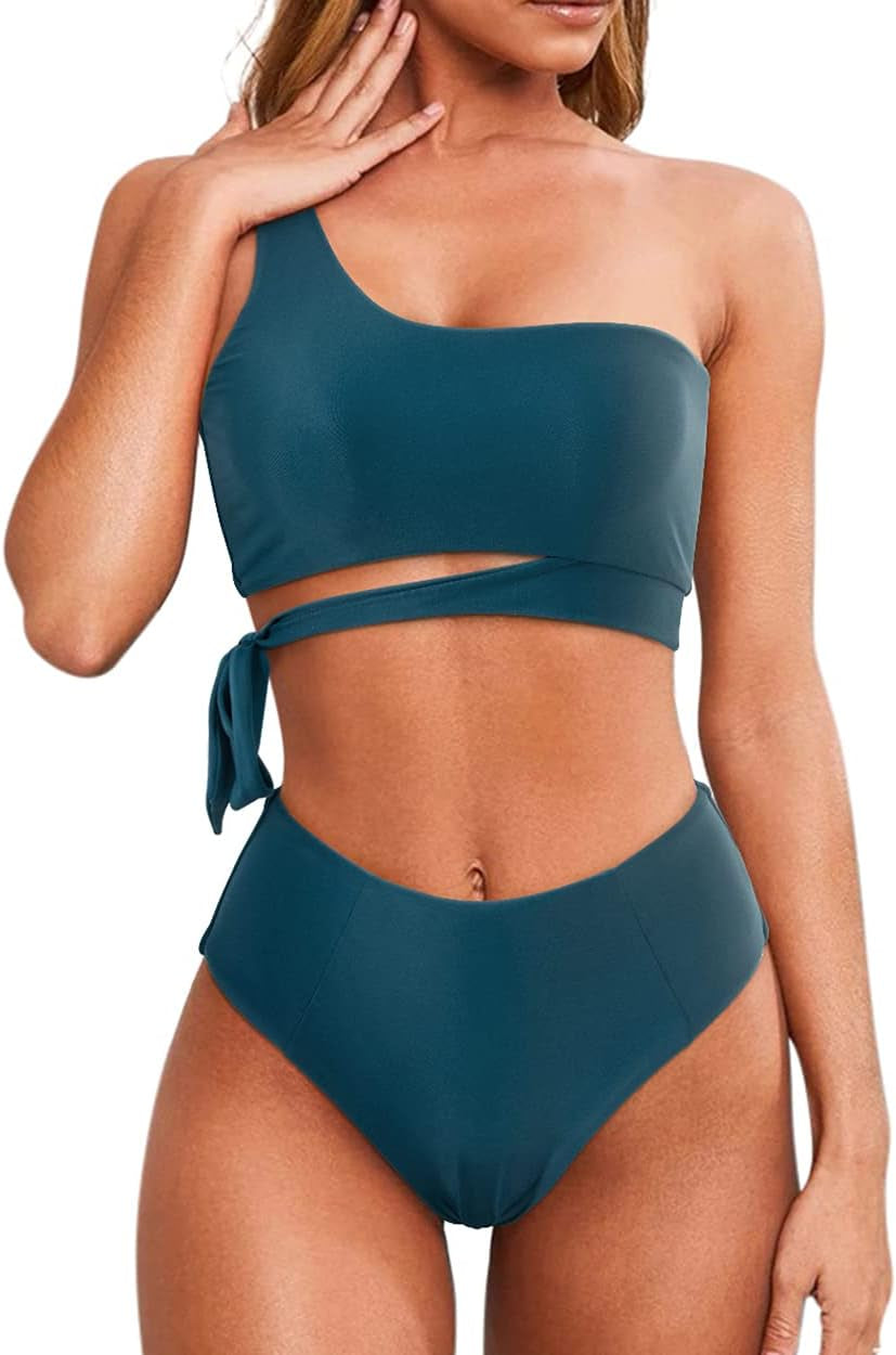 Women One Shoulder High Waisted Bikini Tie High Cut Two Piece Swimsuit