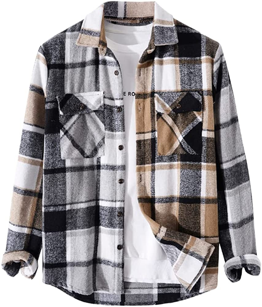 Mens Plaid Shirt,Long Sleeves,Classic Flannel Shirt Button down Shirt Jacket Tops